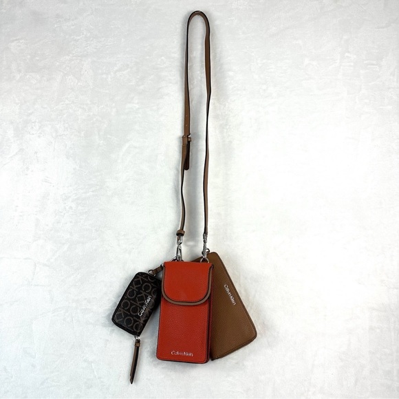 Calvin Klein Women's Bella Multi Crossbody Purse Wallet Coin Pouch Red Brown - Picture 2 of 16